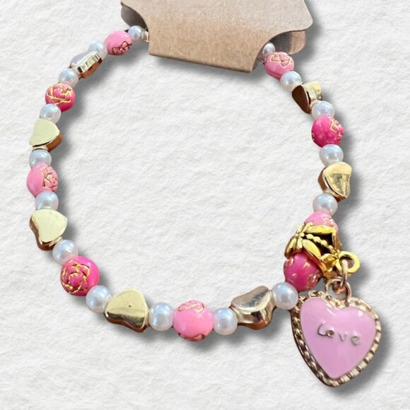 Dainty Pink, White, and Gold Heart Beaded Bracelet with Pink Heart Charm - Picture 1 of 2